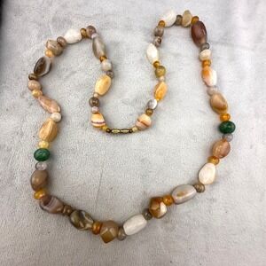 Vintage Beggars Beaded Necklace‎ Polished Stone  28"